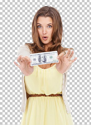 Buy stock photo Woman with surprise face, cash and dollar in portrait, wow and show money isolated on transparent or png background. Finance, budget and young person with investment, payment and savings