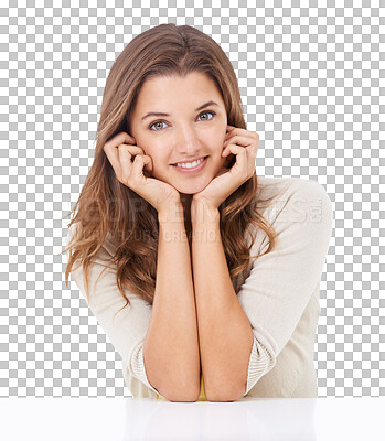 Buy stock photo Face portrait, smile and beauty of woman isolated on a transparent png background. Natural skincare, makeup and happy model or person with glowing, healthy and flawless skin after facial treatment.