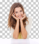 Studio portrait of a beautiful woman looking relaxed with her head resting in her hands isolated on a png background