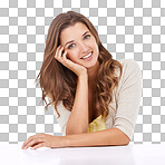 Portrait of a relaxed woman leaning with her head on her hand isolated on a png background	