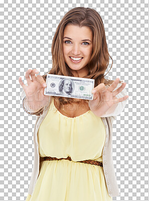 Buy stock photo Woman with smile, cash and dollar in portrait, happy and show money isolated on transparent or png background. Finance, budget and young person with investment or reward with payment and savings