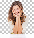 Studio shot of a happy young woman sitting with her head resting in her hands and looking thoughtful isolated on a png background