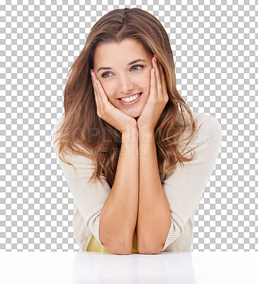 Buy stock photo Happy, thinking and woman with ideas, opportunity and human isolated against a transparent studio background. Female person, smile and lady with thoughts, decision and wonder with future and fantasy