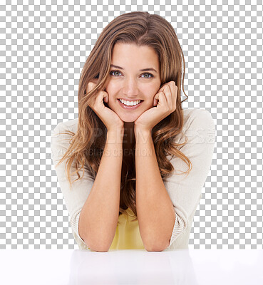 Buy stock photo Face portrait, smile and beauty of woman isolated on a transparent png background. Natural skincare, makeup and happy model or person with glowing, healthy and flawless skin after facial treatment.