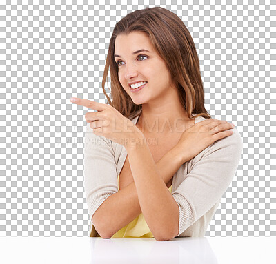 Buy stock photo Pointing, happy and woman looking away isolated on a transparent png background. Smile, idea and a girl sitting and a table and gesturing with happiness, thinking and confidence on blank space