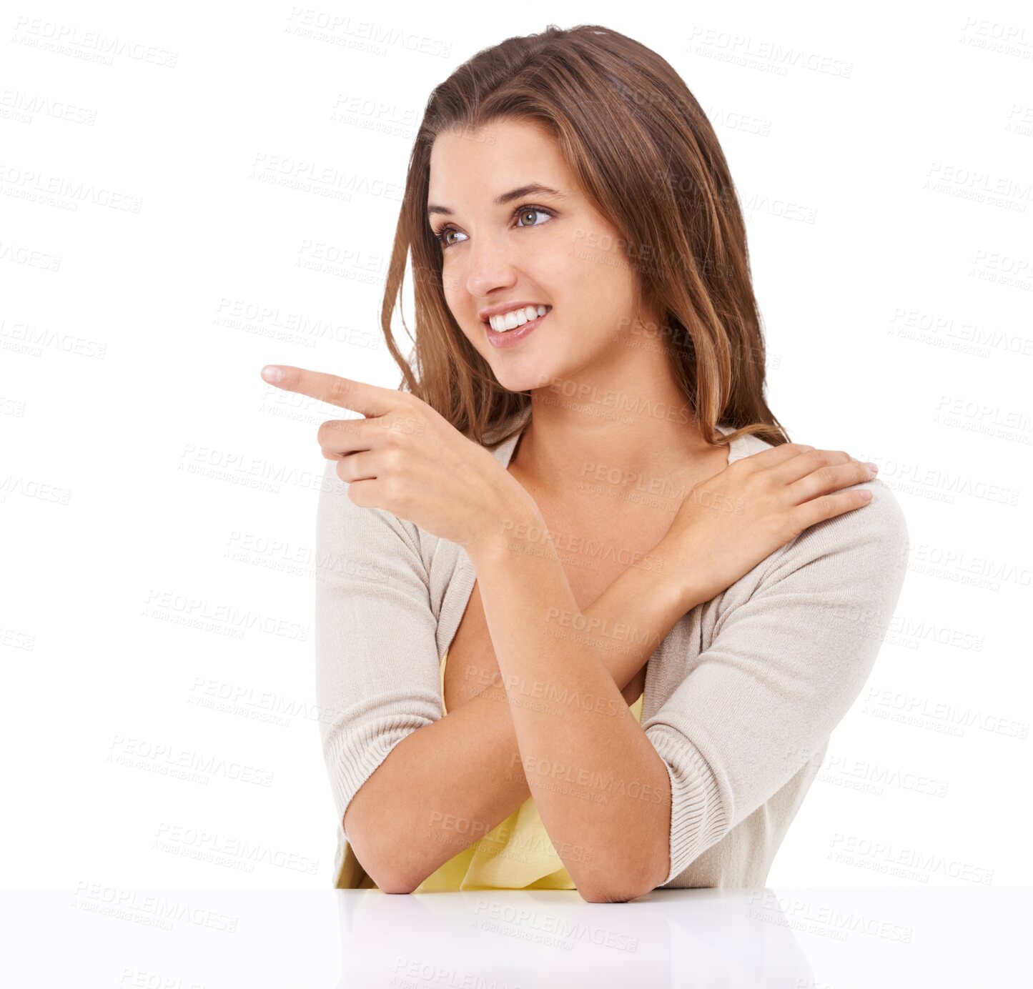 Buy stock photo Pointing, happy and woman looking away isolated on a transparent png background. Smile, idea and a girl sitting and a table and gesturing with happiness, thinking and confidence on blank space