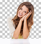 Portrait of a beautiful woman leaning with her head on her hands isolated on a png background