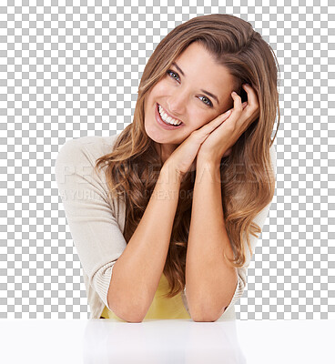 Buy stock photo Happy woman, face and portrait with beauty and smile isolated on a png, transparent background. Young female model with a positive mindset, natural skin and happiness with alpha channel at table