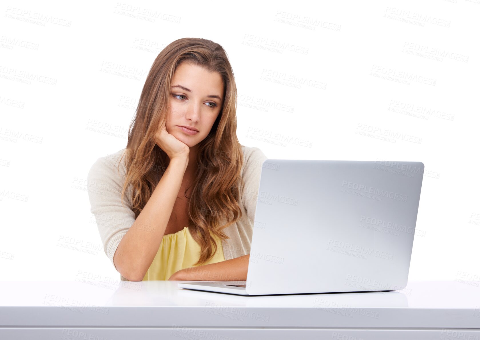 Buy stock photo Business, bored and woman with a laptop, tired and annoyed human isolated against a transparent background. Female, lady with a glitch or person with technology, slow internet connection or exhausted