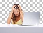 Studio shot of a young woman looking stressed while sitting in front of her laptop isolated on a png background