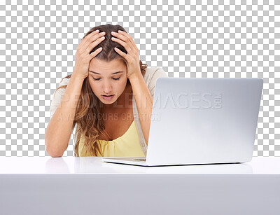 Buy stock photo Tired, stress and a woman with burnout from work isolated on a transparent png background. Sad, anxiety and an employee sitting looking stressed, overworked and frustrated with a laptop glitch