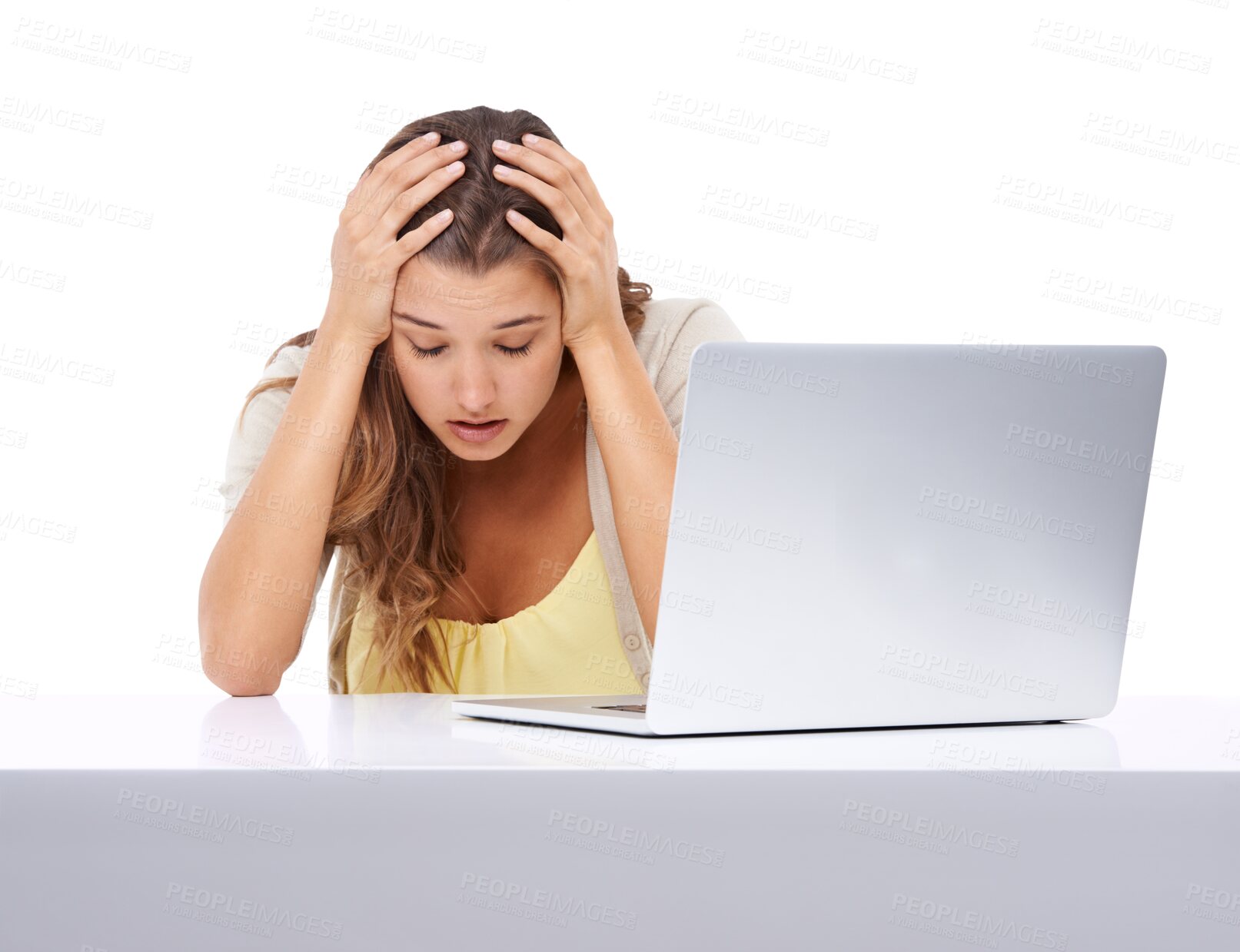 Buy stock photo Tired, stress and a woman with burnout from work isolated on a transparent png background. Sad, anxiety and an employee sitting looking stressed, overworked and frustrated with a laptop glitch