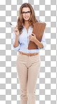 A female professional holding a clipboard isolated on a png background