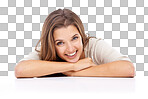 Portrait of an attractive young woman lying on her arms and smiling at the camera isolated on a png background