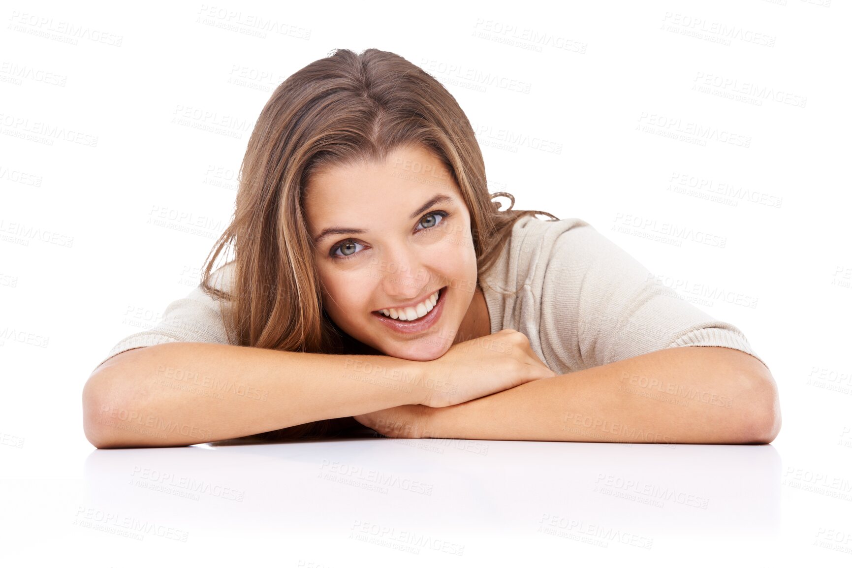 Buy stock photo Woman, face and happy portrait with beauty and smile isolated on a png, transparent background. Young female model person with a positive mindset, natural skin and happiness or laughing at table