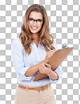 Studio portrait of a young female professional holding a clipboard isolated on a png background