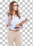 A female professional holding a pen and clipboard isolated on a png background