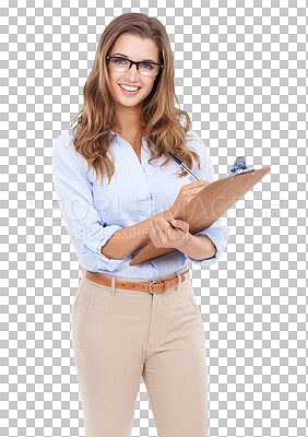 Buy stock photo Professional woman, smile in portrait and clipboard, checklist or survey questionnaire isolated on transparent or png background. Info, corporate FAQ or business female on inspection or stock taking