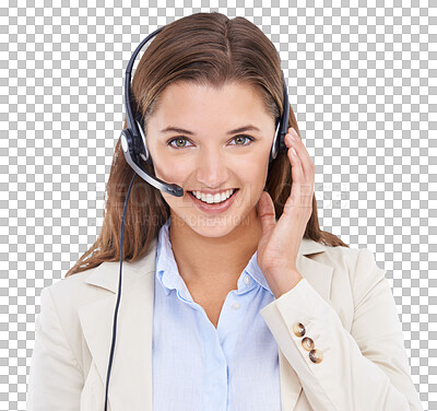 Buy stock photo Woman in portrait, call center agent and smile isolated on png or transparent background, CRM and contact us. Customer service consultant, telemarketing sales and happy female with headset and mic