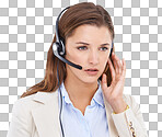 Studio shot of a young female customer service representative listening intently isolated on a png background