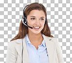 Studio shot of a cheerful young female customer service representative talking on a headset isolated on a png background