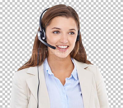 Buy stock photo Woman, call center agent and smile isolated on png or transparent background, CRM and contact us. Customer service consultant, telemarketing sales job and happy female with headset and help desk