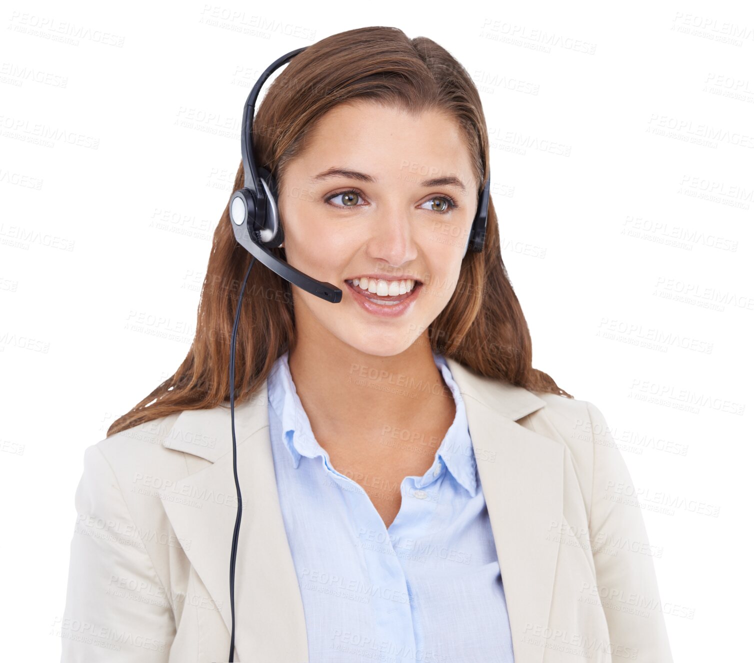 Buy stock photo Woman, call center agent and smile isolated on png or transparent background, CRM and contact us. Customer service consultant, telemarketing sales job and happy female with headset and help desk