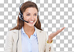 Studio shot of a young female customer service representative talking on a headset and gesturing isolated on a png background