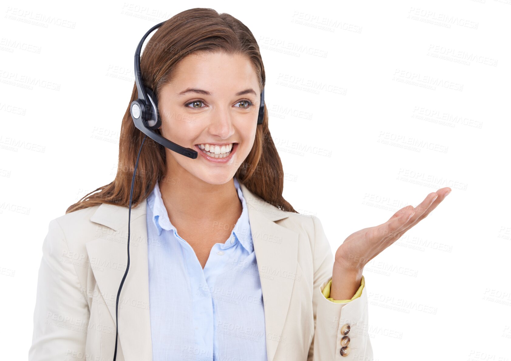 Buy stock photo Woman, call center consultant and smile isolated on png or transparent background, CRM and contact us. Customer service agent, telemarketing sales job and happy female with headset and help desk