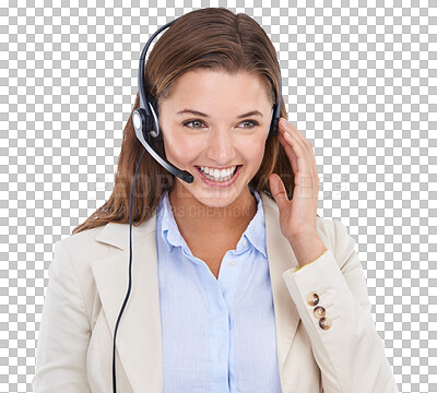 Buy stock photo Happy woman, call center consultant and smile isolated on png or transparent background, CRM and contact us. Customer service agent, telemarketing sales job and female with headset and help desk