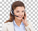 Studio shot of a young female customer service representative talking on a headset isolated on a png background