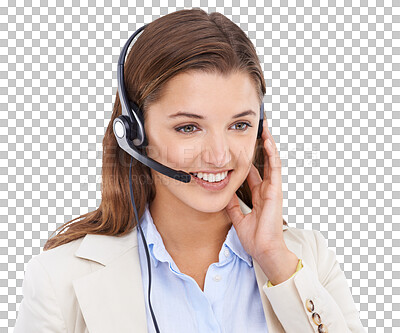 Buy stock photo Woman with smile, call center and headset isolated on transparent or png background with CRM and contact us. Customer service, telemarketing or tech support consultant with happy person on help desk