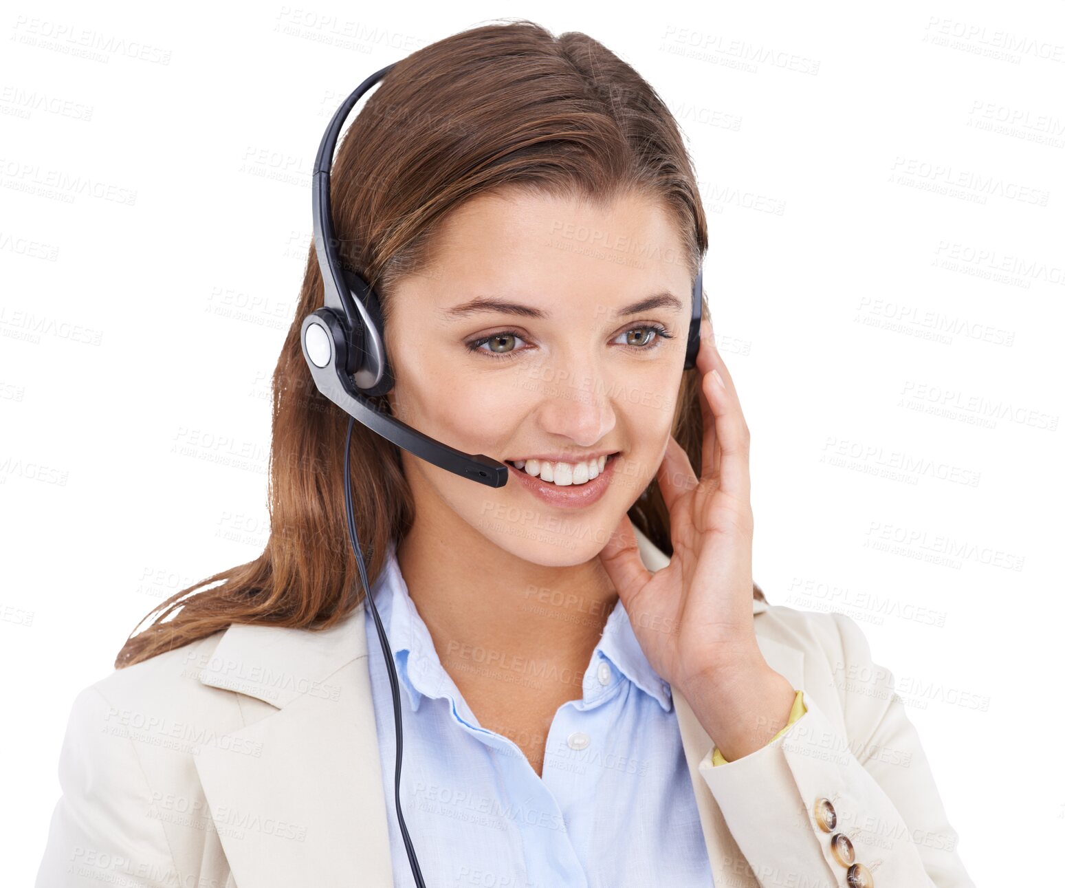 Buy stock photo Woman with smile, call center and headset isolated on transparent or png background with CRM and contact us. Customer service, telemarketing or tech support consultant with happy person on help desk