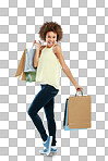 African woman, excited and shopping bag for retail market, promotion. Black woman, customer smile and happy boutique purchase, clothes package and happiness in isolated on a png background