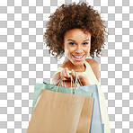 Retail, portrait and deal or sale for black woman happy for a giveaway isolated on a png background. Excited, shopping and joyful female buyer or customer holding bags