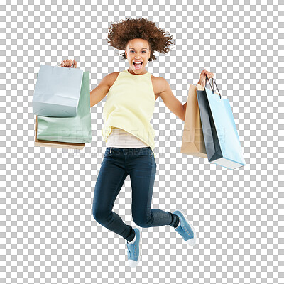 Buy stock photo Shopping bags, jump and portrait of a happy woman with energy after a discount, sale or promotion. Smile, excited and a female model with a bag jumping isolated on a transparent png background