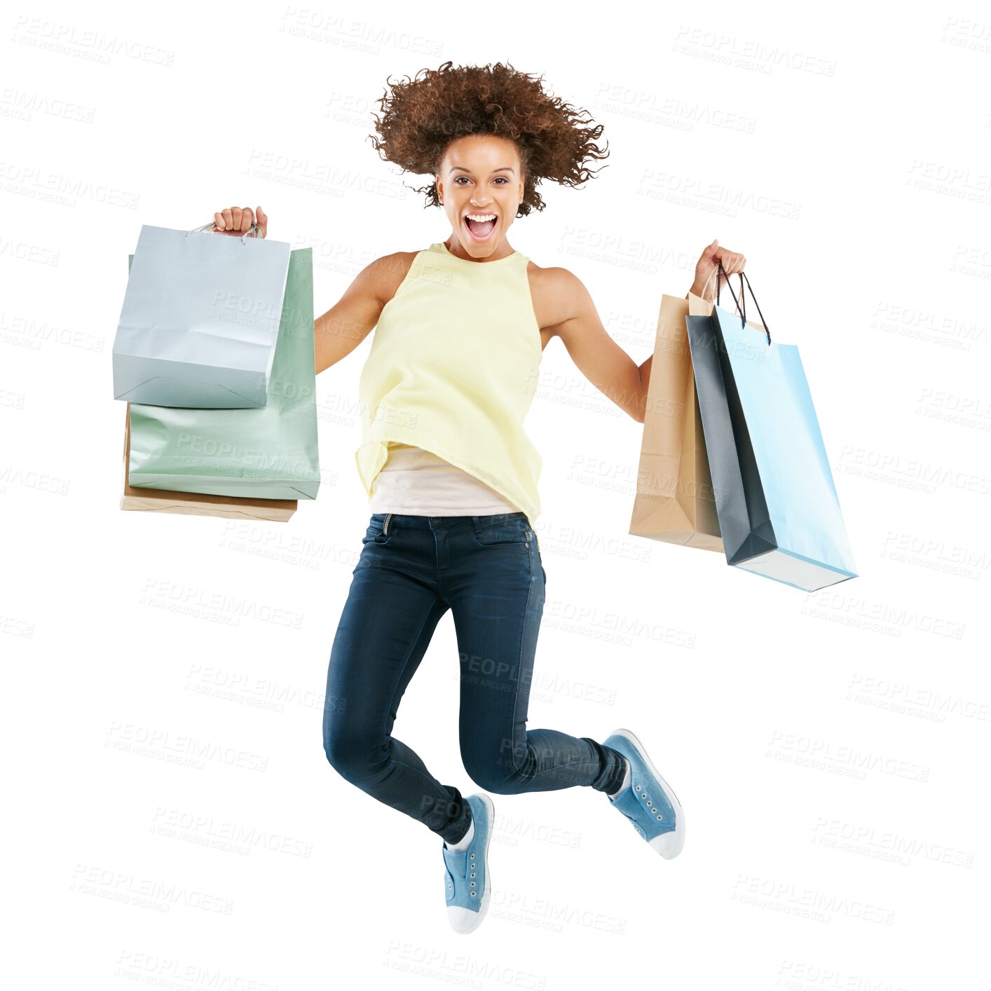 Buy stock photo Shopping bags, jump and portrait of a happy woman with energy after a discount, sale or promotion. Smile, excited and a female model with a bag jumping isolated on a transparent png background