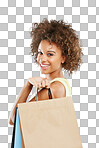 Retail, smile and portrait of shopping black woman or customer happy with sale or deal isolated on a png background. Excited, fashion and joyful female shopper holding bags