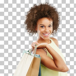 Retail, portrait and customer shopping and happy with sale or deal. Smiling, joyful black woman holding bags and excited for a fashion giveaway isolated on a png background