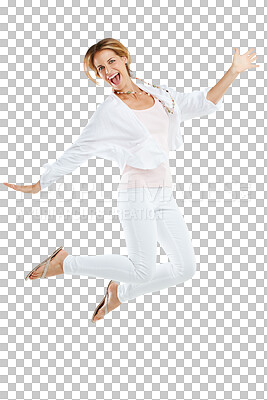 Woman, excited and jumping happy in studio for freedom, positive mindset energy. Female, smile and jump in air for happiness motivation, celebration or winner success isolated on a png background