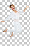 Woman, excited and jumping happy in studio for freedom, positive mindset energy. Female, smile and jump in air for happiness motivation, celebration or winner success isolated on a png background