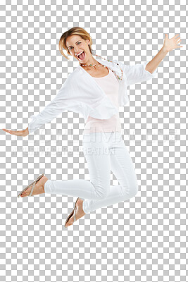 Buy stock photo Jump, excited and portrait of senior woman on png, isolated and transparent background in studio. Happy, winner mockup and female jumping in air for happiness, celebration and success for winning