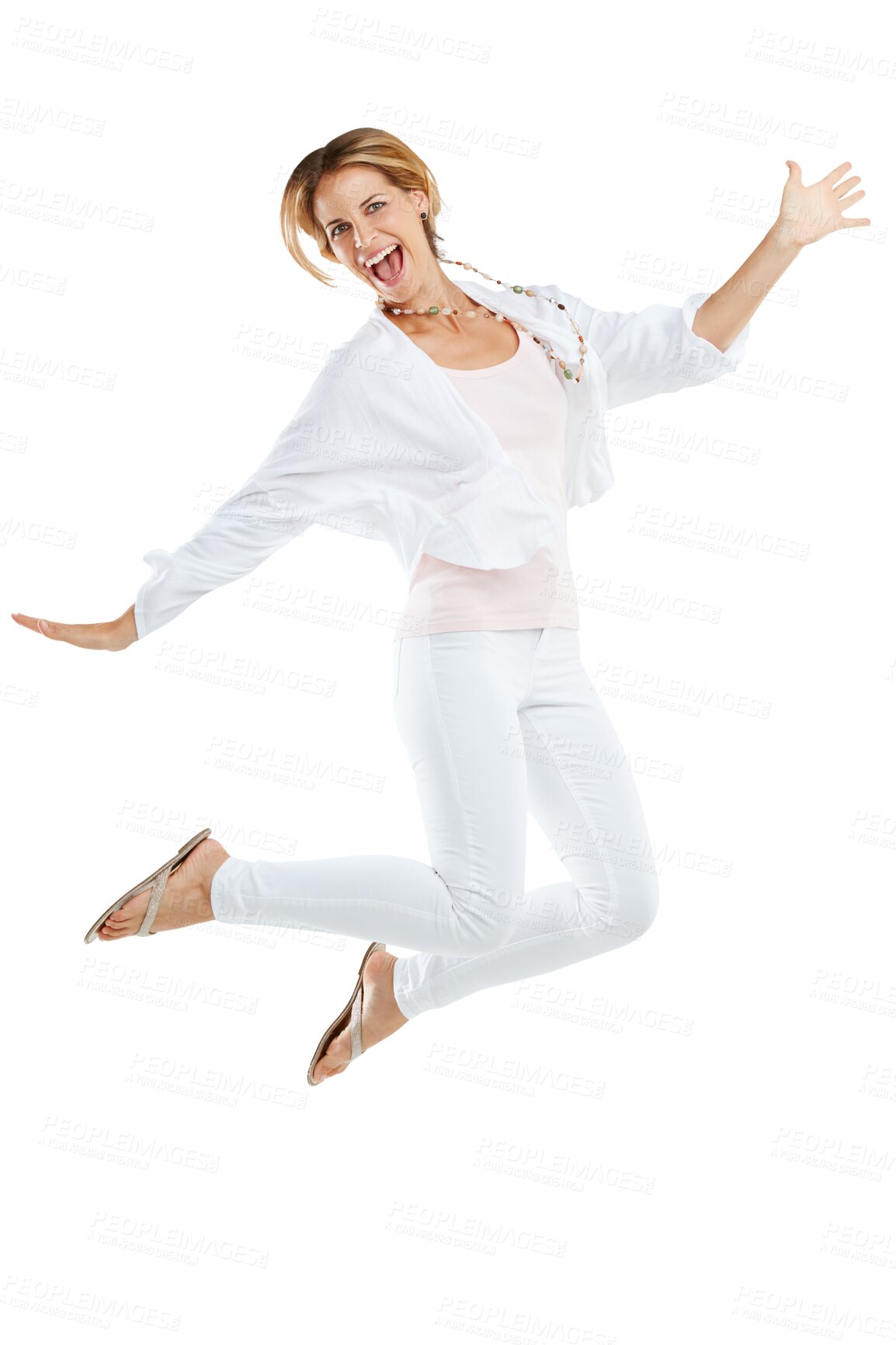 Buy stock photo Jump, excited and portrait of senior woman on png, isolated and transparent background in studio. Happy, winner mockup and female jumping in air for happiness, celebration and success for winning