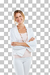 Woman with smile in portrait, arms crossed and happy in studio with success, mindset and style isolated on a png background. Fashion, happy female with mockup, stand with motivation and confident