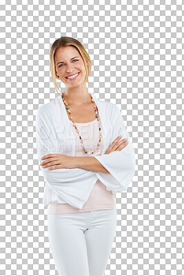 Buy stock photo Woman with smile in portrait, arms crossed and happy with success, confidence and style isolated on png background. Fashion, elegant and happiness, female with positive mindset and stylish clothes