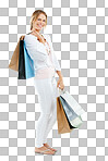 Woman, smile with shopping bag, fashion and retail, shopping and customer. Happy female in portrait, luxury designer brand and clothes, bag and discount with sale isolated on a png background