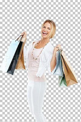 Buy stock photo Woman portrait, excited and shopping bag for retail market and sale promotion. Female, customer and happy boutique purchase with clothes package and happiness isolated on transparent, png background