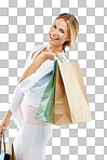 Woman, happy with shopping bag, fashion and shopping, retail and customer. Smile in portrait, luxury designer brand and clothes, paper bag gift and discount with sale isolated on a png background