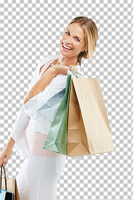 Buy stock photo Woman portrait, happiness and shopping bag for retail market and sale promotion. Female, customer and happy boutique purchase with clothes package and smile isolated on transparent, png background