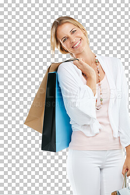 Woman, happy with shopping bag while shopping and retail, fashion customer. Smile in portrait, luxury designer brand and clothes, paper bag gift and discount with sale isolated on a png background
